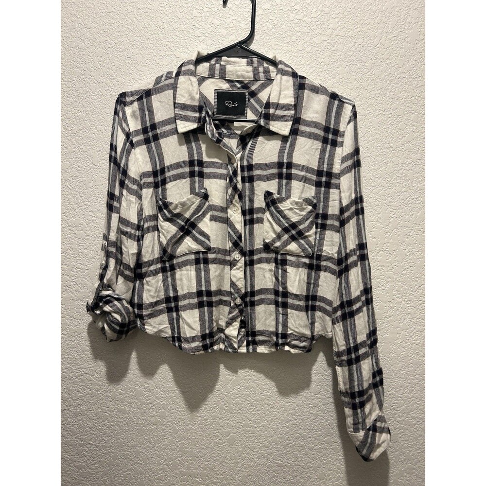 RAILS Crop Shirt S Button Up Plaid Grey White Rayon Chest Long Roll Tab Sleeve